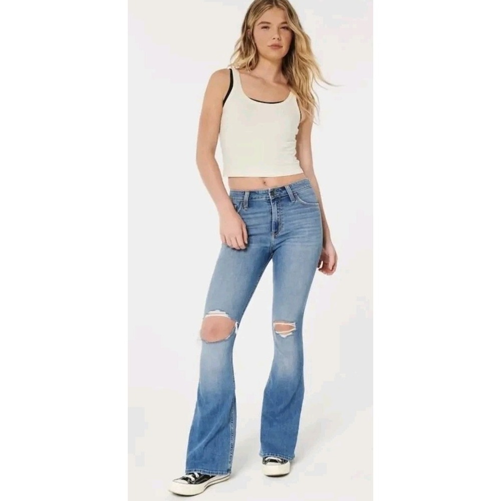 Hollister‎ Women 26x32 High Rise Flare Jeans 2R Distressed Boho Y2K Festival